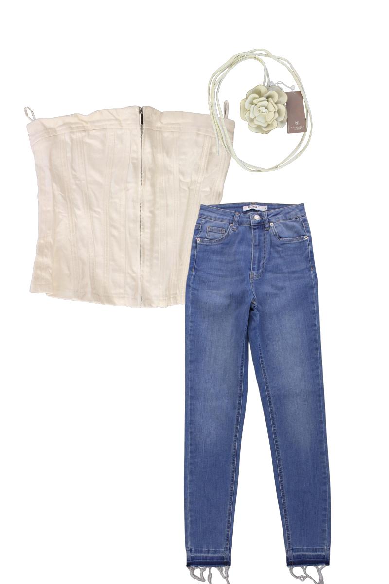 Second Hand Outfit Größe XS mit Zara Bandeautop in Gr. XS und Accessoire