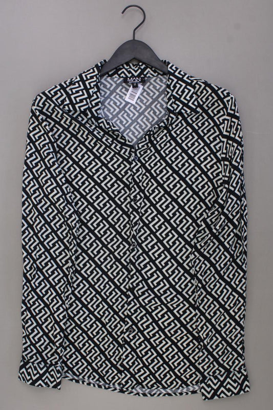 BOOHOO Langarmhemd für Herren Gr. M geometrisches Muster schwarz aus Viskose