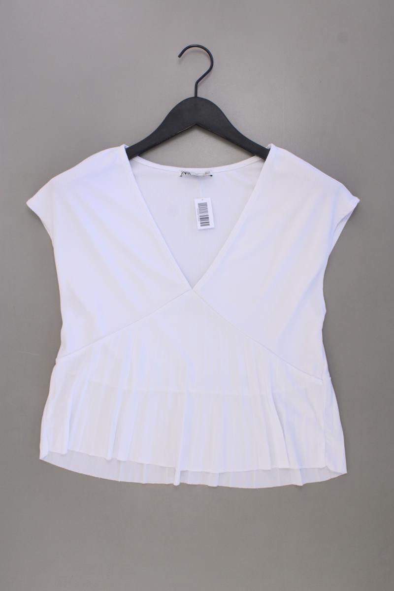 Zara Shirt mit V-Ausschnitt Gr. S Kurzarm weiß aus Polyester