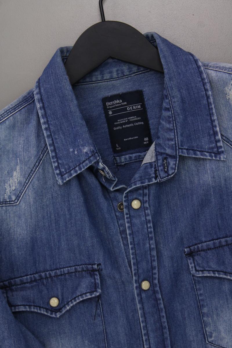 Bershka Jeanshemd für Herren Gr. L Langarm blau aus Baumwolle
