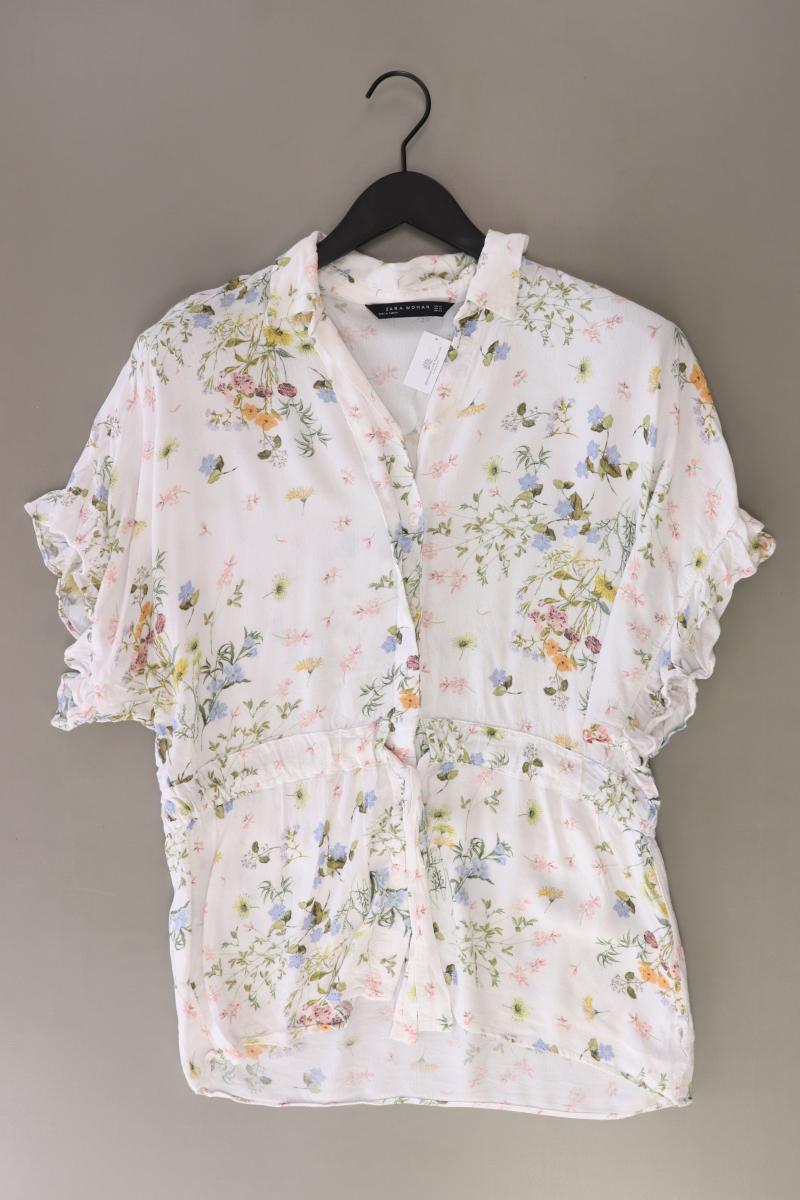 Zara Kurzarmbluse Gr. XS mit Blumenmuster weiß aus Viskose