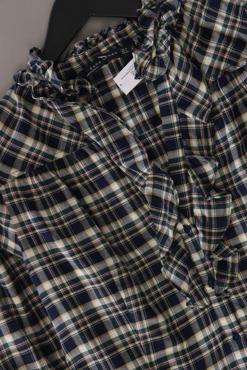 Zara Rüschenbluse Gr. M kariert Langarm blau aus Baumwolle