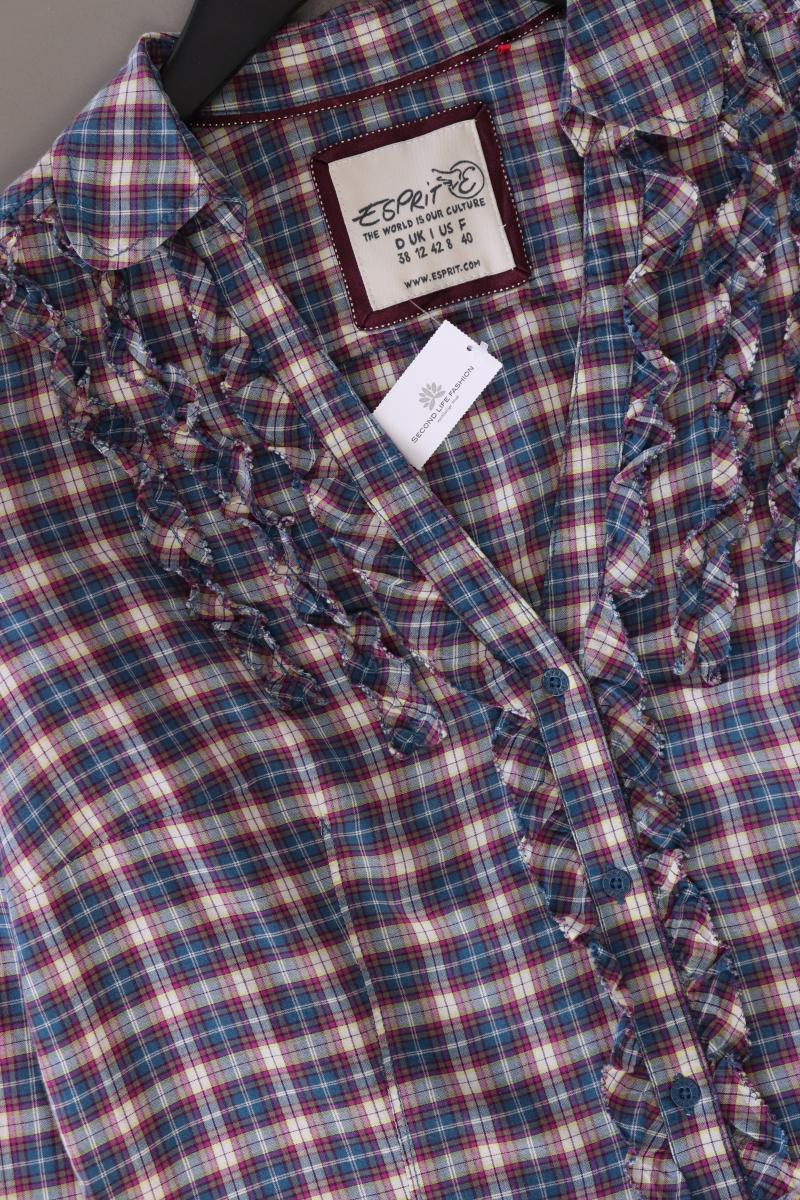 Esprit Rüschenbluse Gr. 38 kariert Langarm blau aus Baumwolle