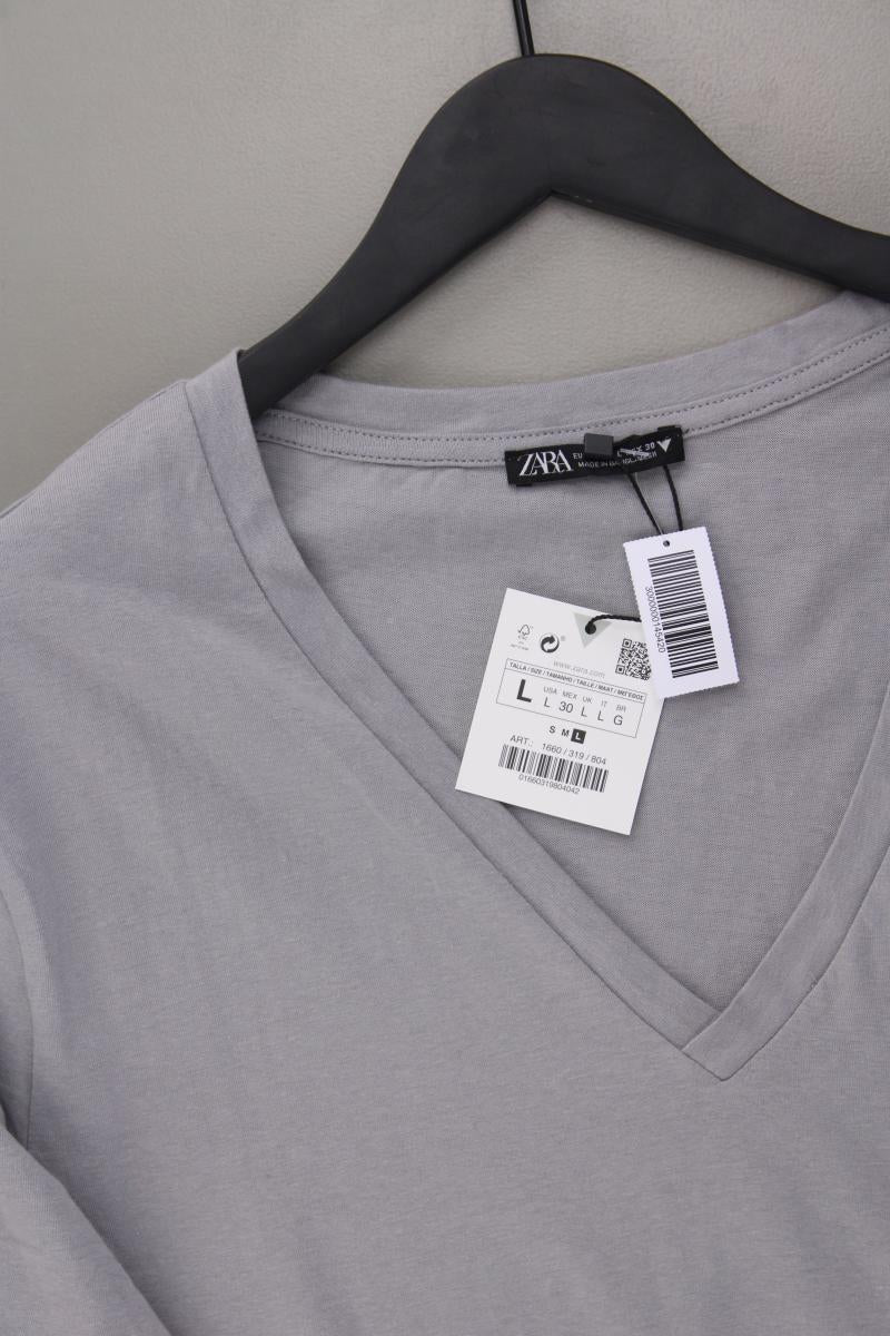 Zara Shirt mit V-Ausschnitt Gr. L neu mit Etikett Kurzarm grau aus Baumwolle