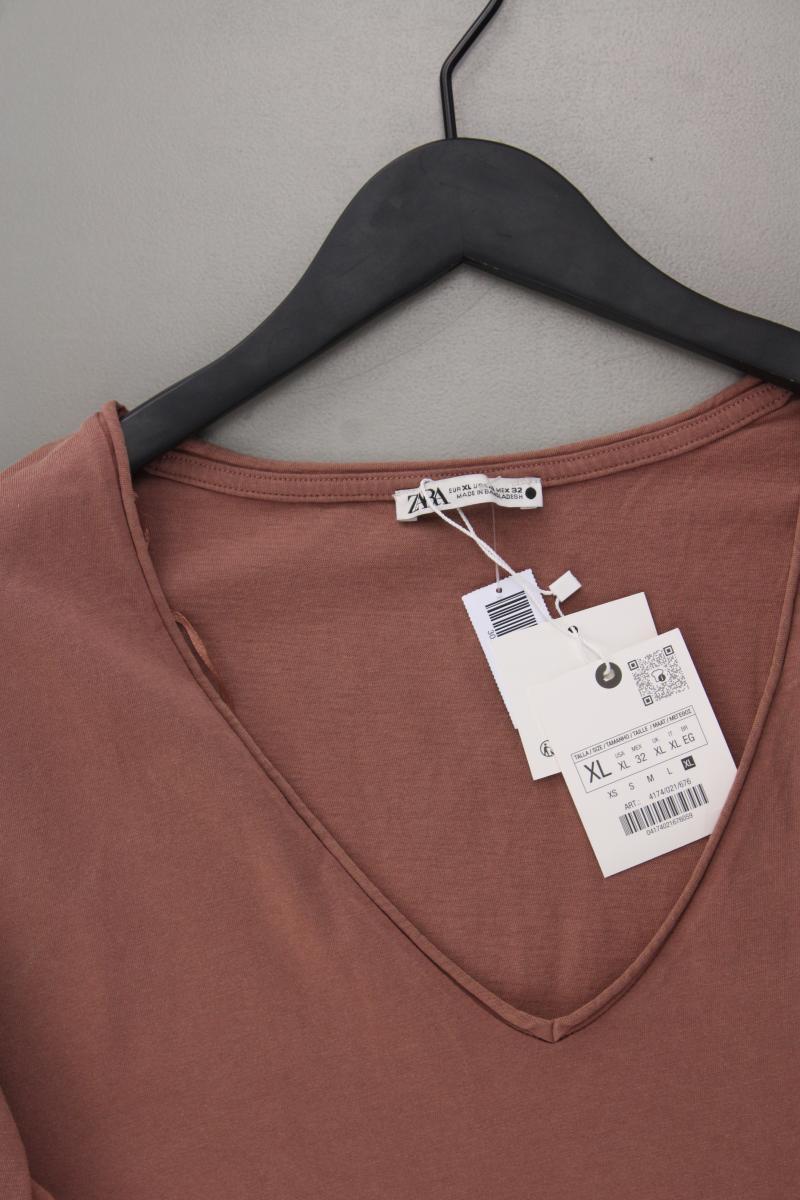 Zara Shirt mit V-Ausschnitt Gr. XL neu mit Etikett Kurzarm braun aus Baumwolle