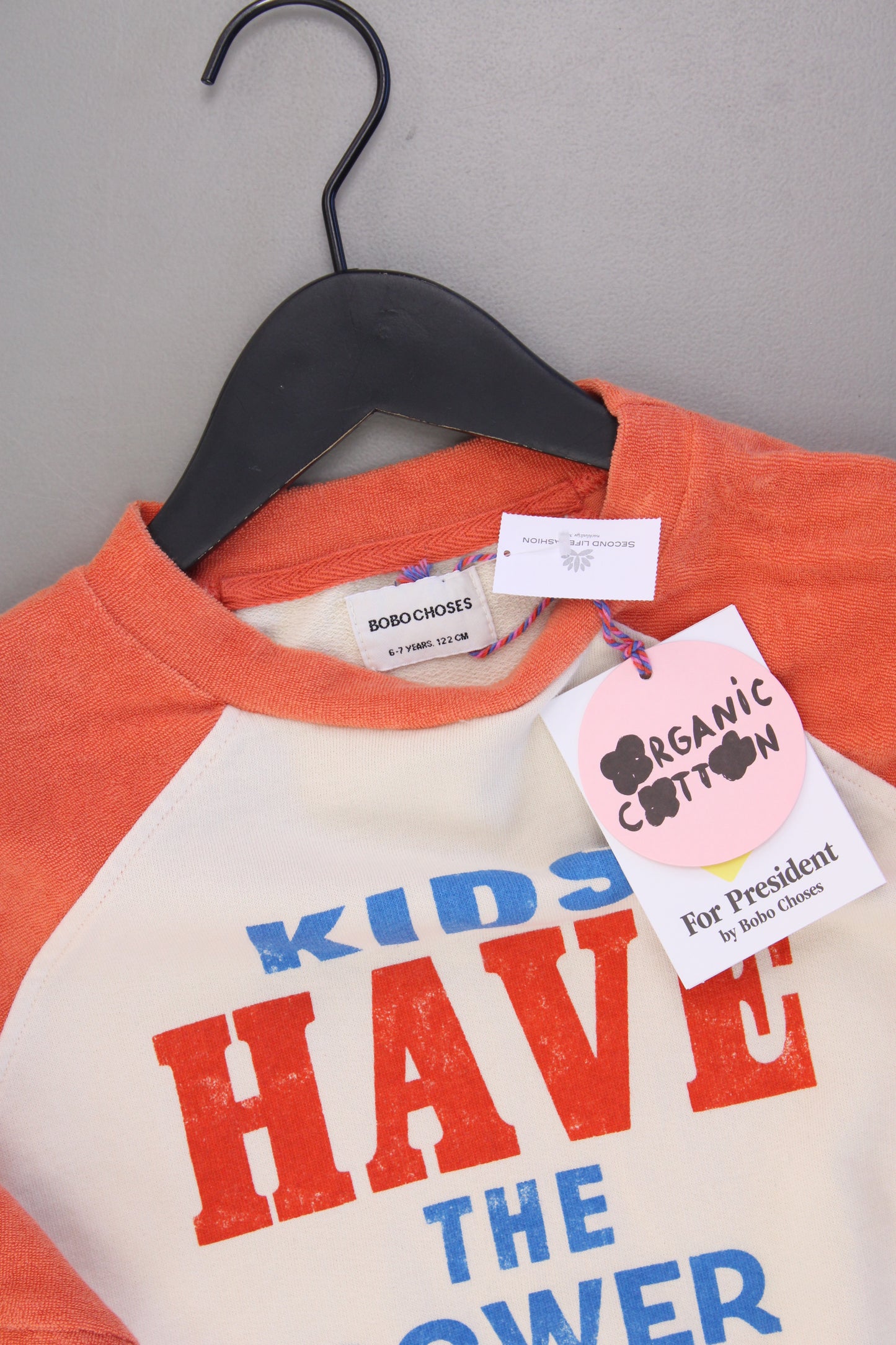 Bobo Choses Kinder T-Shirt Bio Baumwolle mit Aufdruck "Kids have the power" orange Größe 6-7 Jahre, 122cm neu mit Etikett