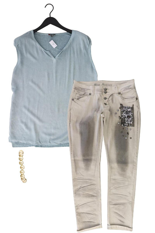 Second Hand Outfit Größe L mit Street One Kurzarmbluse in Gr. 42 und Armband
