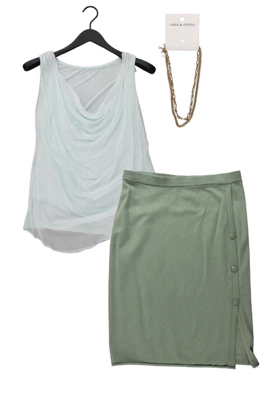 Second Hand Outfit Größe M mit Seidenbluse in Gr. 38 und Halskette