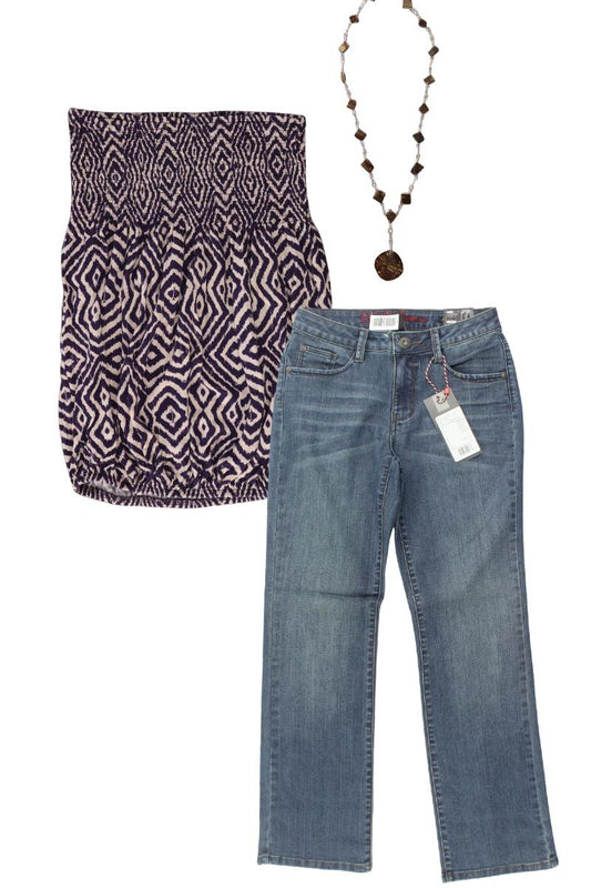 Second Hand Outfit Größe XS mit Lascana Bandeautop in Gr. 32/34 und Halskette