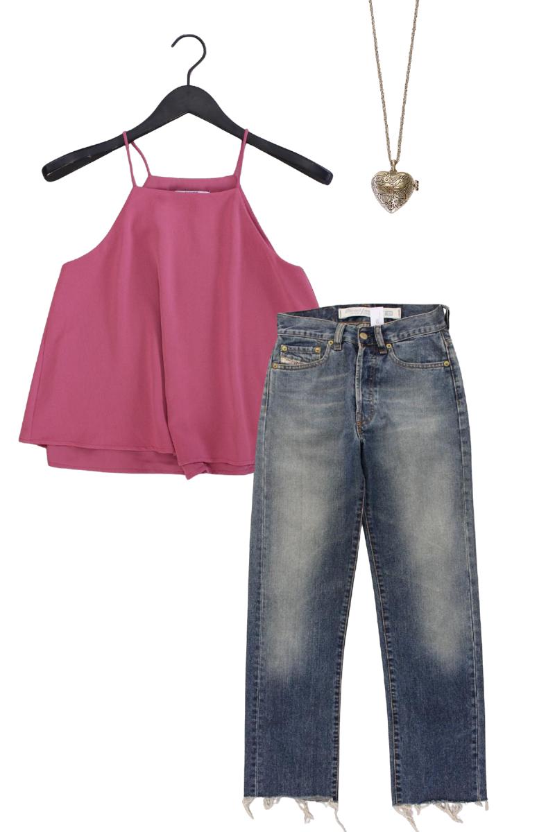 Second Hand Outfit Größe XS mit Mango Spaghetti-Top in Gr. XS und Halskette