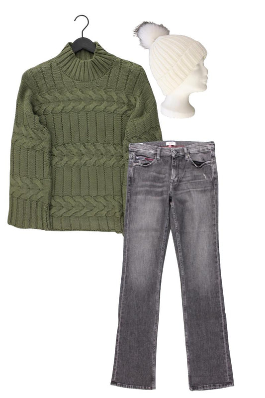 Second Hand Outfit Größe M mit Heine Zopfpullover in Gr. 40 und Accessoire