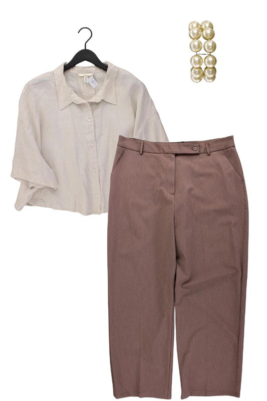 Second Hand Outfit Größe XXL mit Leinenbluse in Gr. XXL, Stoffhose in Gr. 48