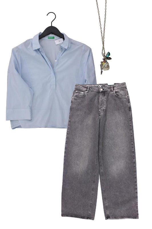 Second Hand Outfit Größe L mit Benetton Classic Bluse in Gr. L und Schmuck