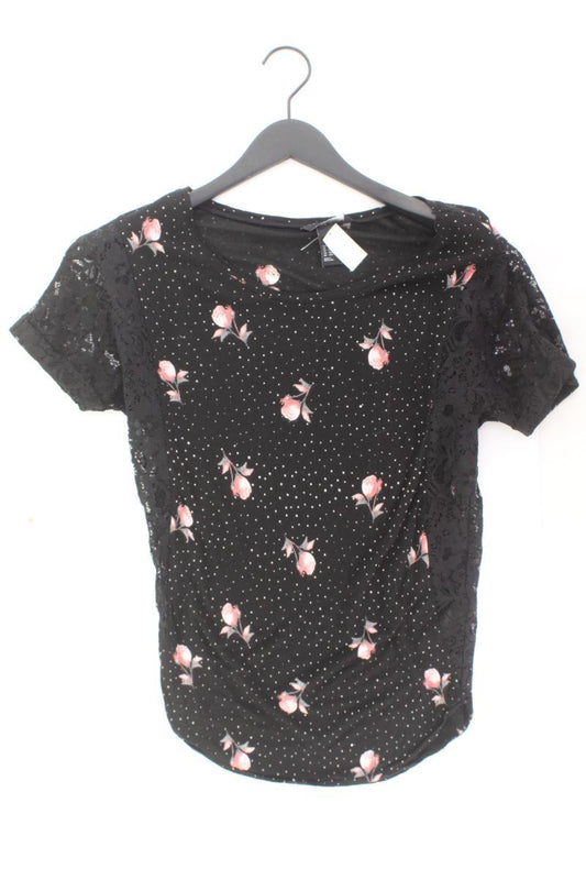 H&M T-Shirt Gr. XS mit Blumenmuster Kurzarm schwarz aus Viskose