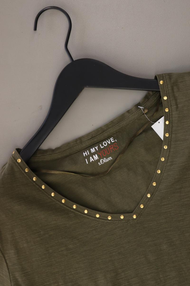 s.Oliver Shirt mit V-Ausschnitt Gr. 44 Kurzarm mit Nieten olivgrün aus Baumwolle