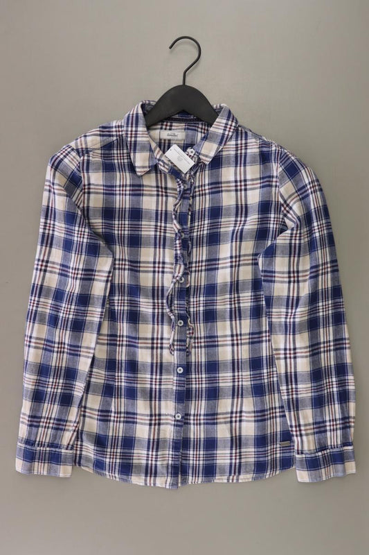 Rüschenbluse Gr. 42 kariert Langarm blau aus Baumwolle