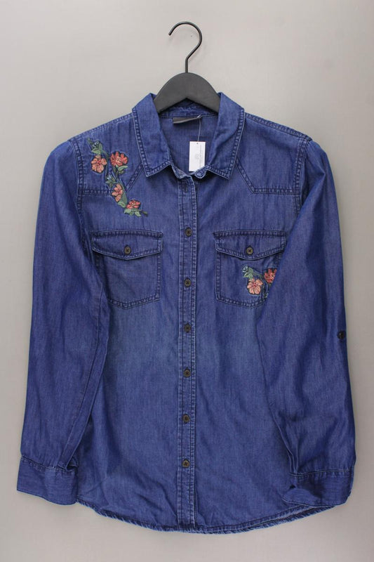 Yassica Jeansbluse Gr. 40 mit Blumenmuster Langarm blau aus Baumwolle