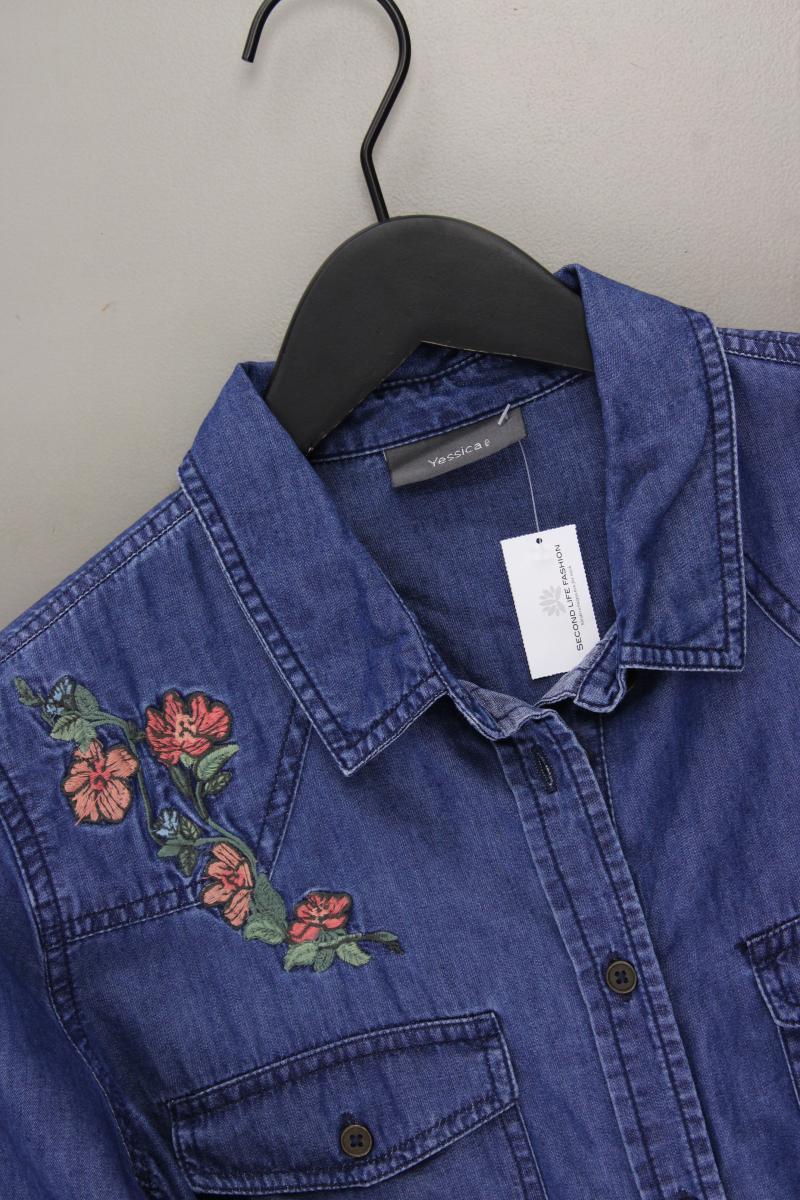 Yassica Jeansbluse Gr. 40 mit Blumenmuster Langarm blau aus Baumwolle