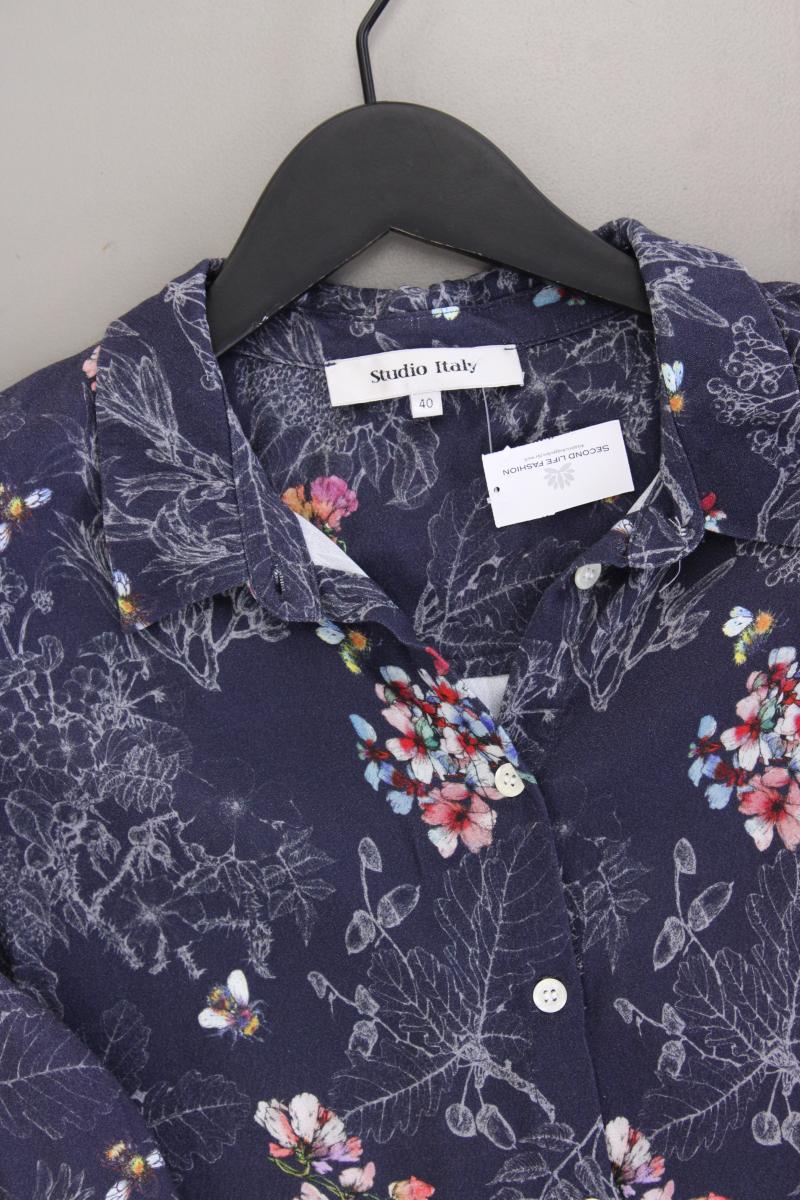 Studio Italy Classic Bluse Gr. 40 mit Blumenmuster Trompetenärmel blau