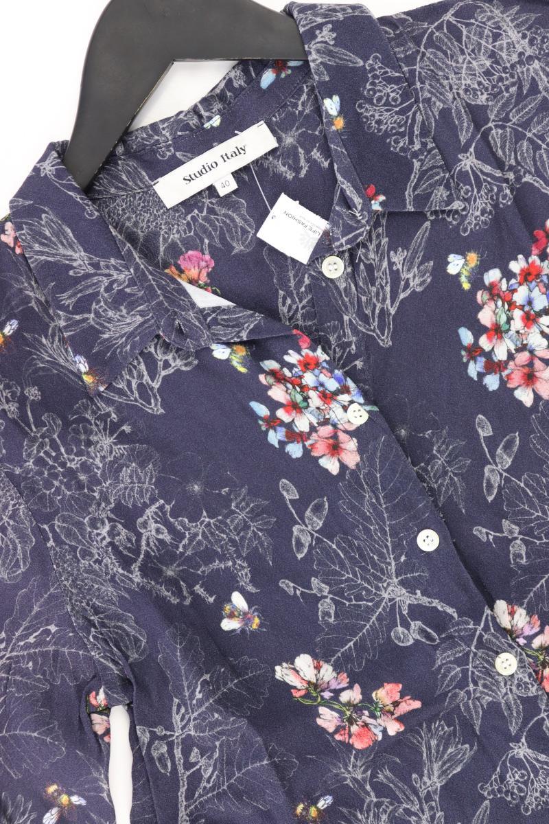 Studio Italy Bluse Gr. 40 mit Blumenmuster Trompetenärmel blau aus Viskose