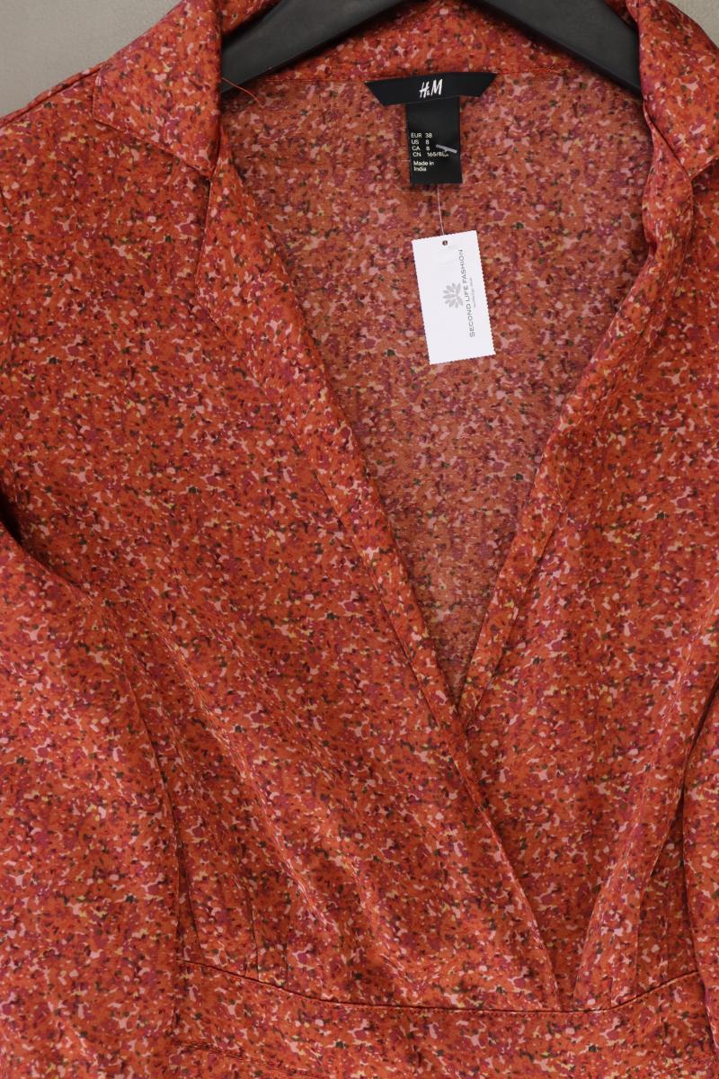 H&M Satinkleid Gr. 38 mit Blumenmuster mit Gürtel 3/4 Ärmel orange