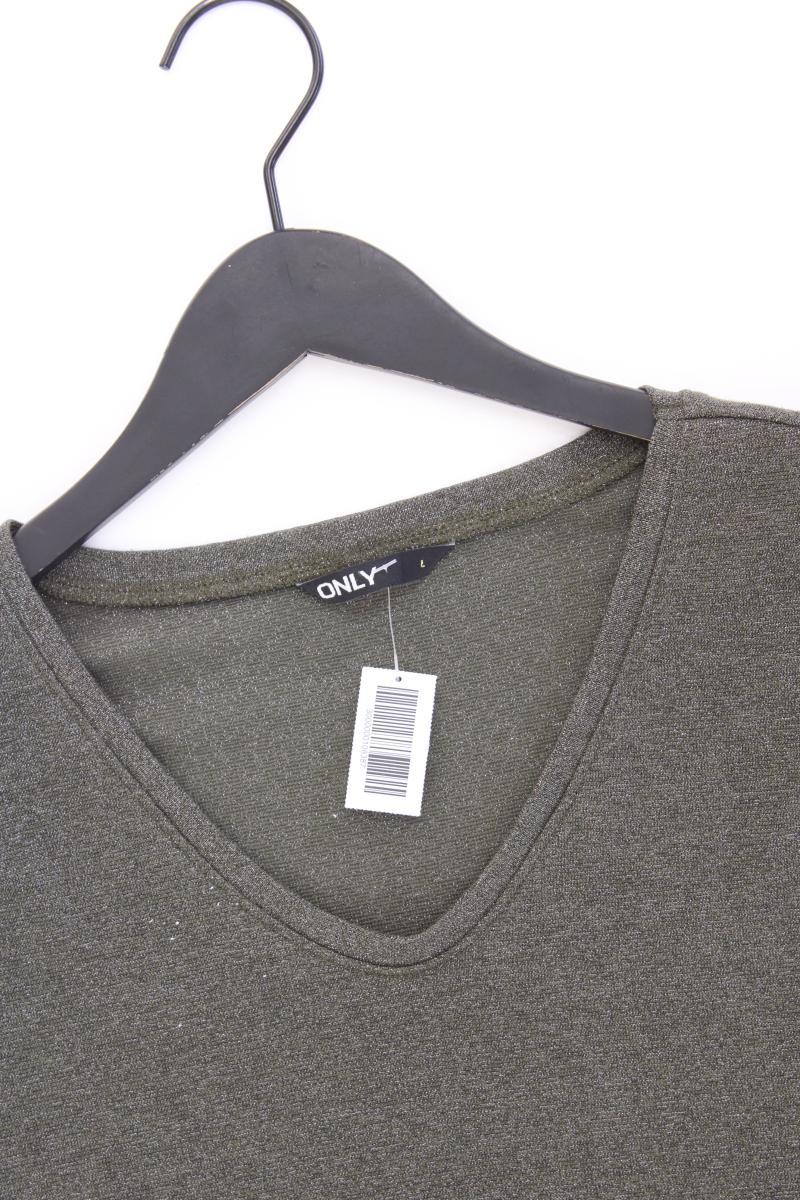 Only Shirt mit V-Ausschnitt Gr. L Kurzarm mit Glitzer olivgrün aus Viskose