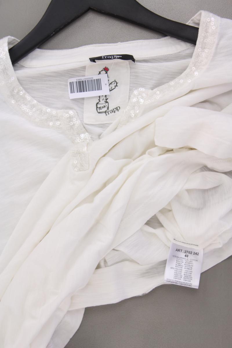 Frapp Shirt mit V-Ausschnitt Gr. 48 Kurzarm mit Pailletten weiß aus Baumwolle