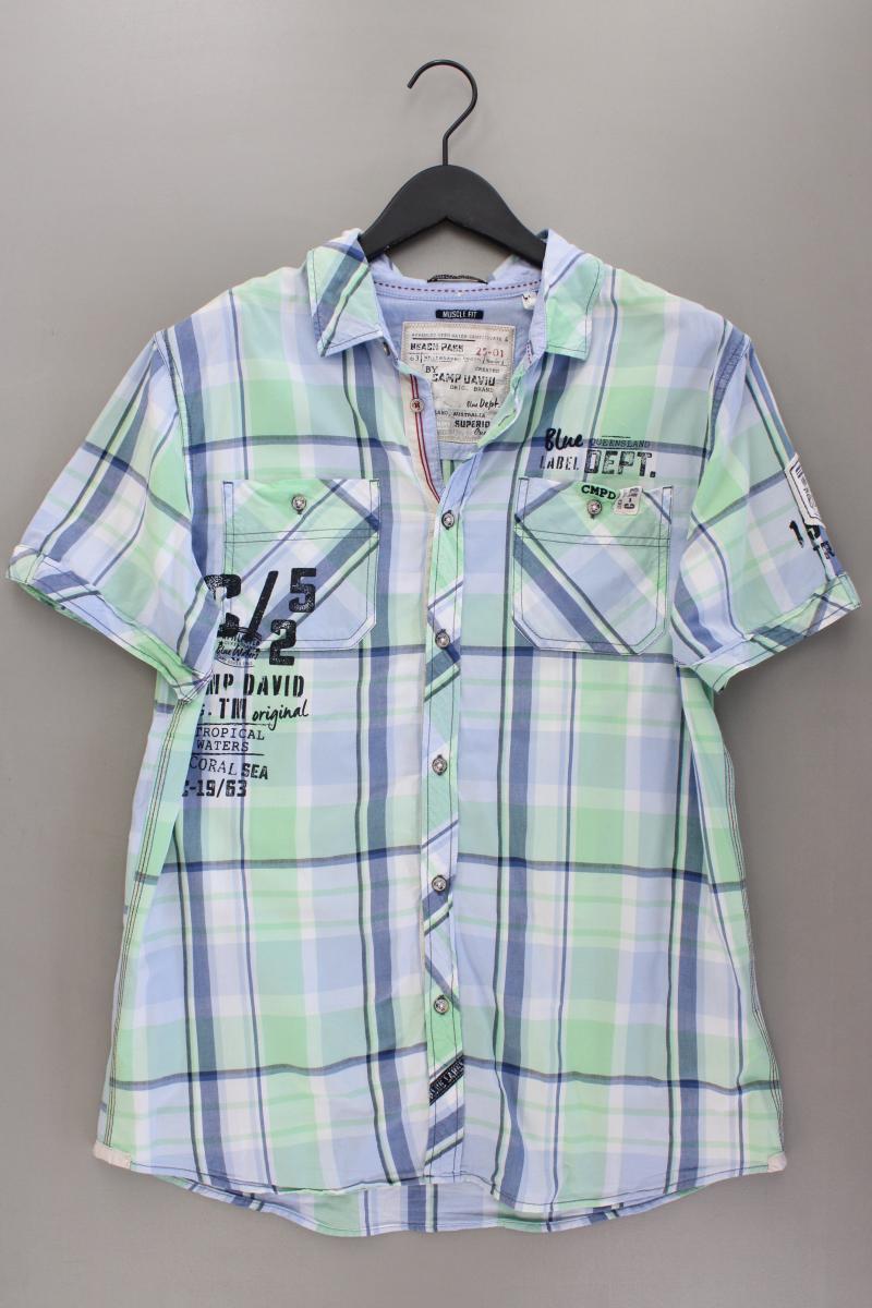 Camp David Karohemd für Herren Gr. XL kariert Kurzarm blau aus Baumwolle