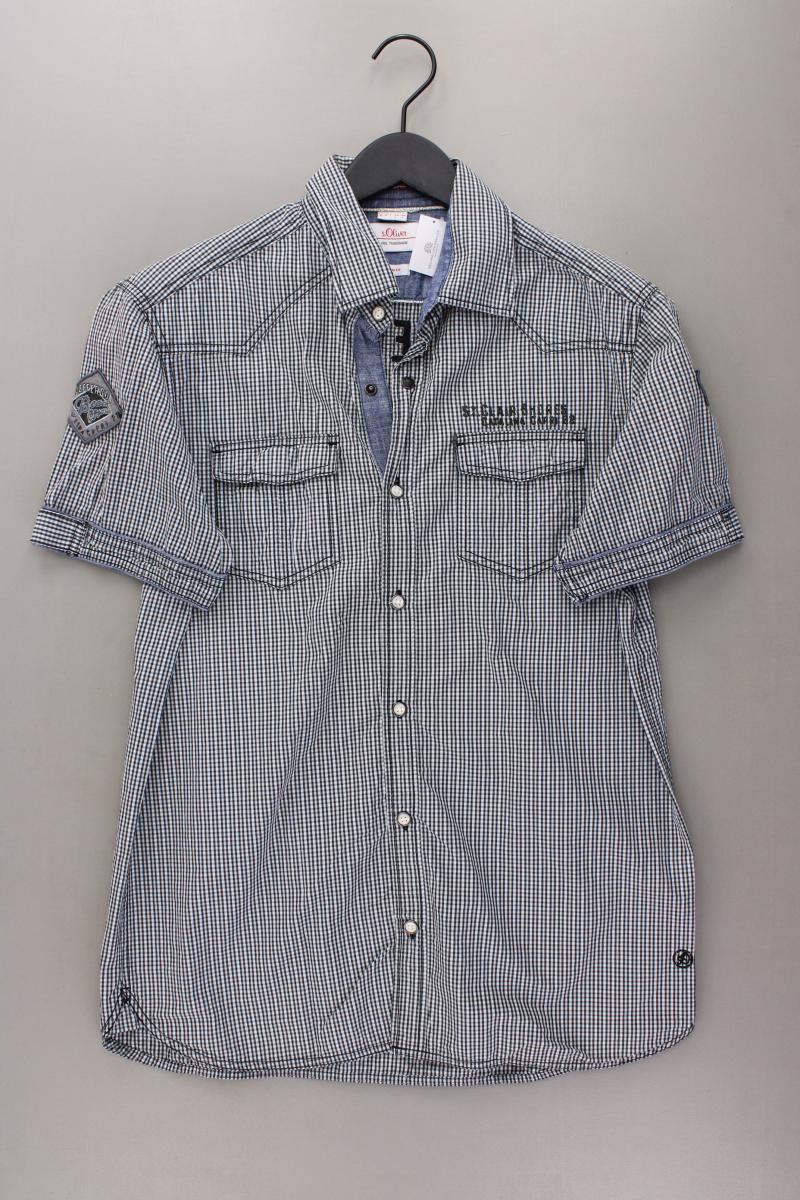 s.Oliver Karohemd für Herren Gr. M kariert Kurzarm grau aus Baumwolle