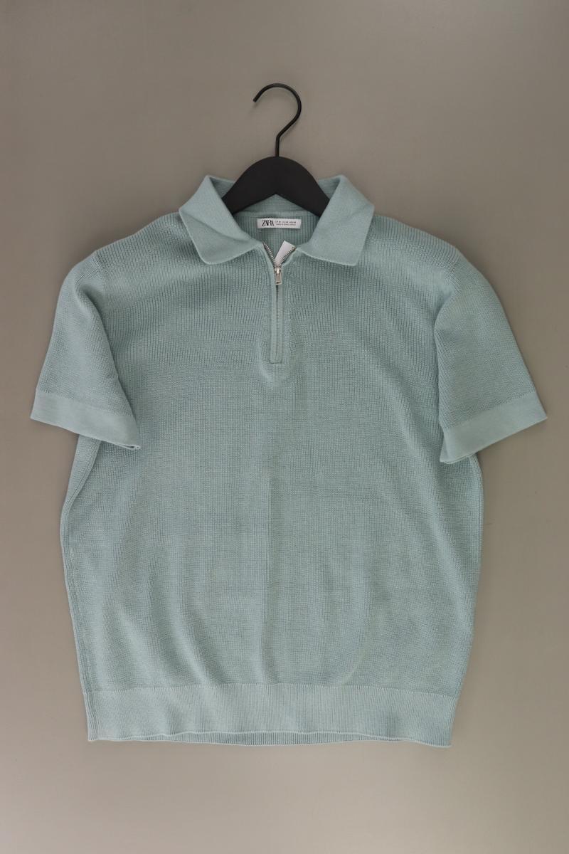 Zara Strickshirt für Herren Gr. M Kurzarm blau aus Baumwolle