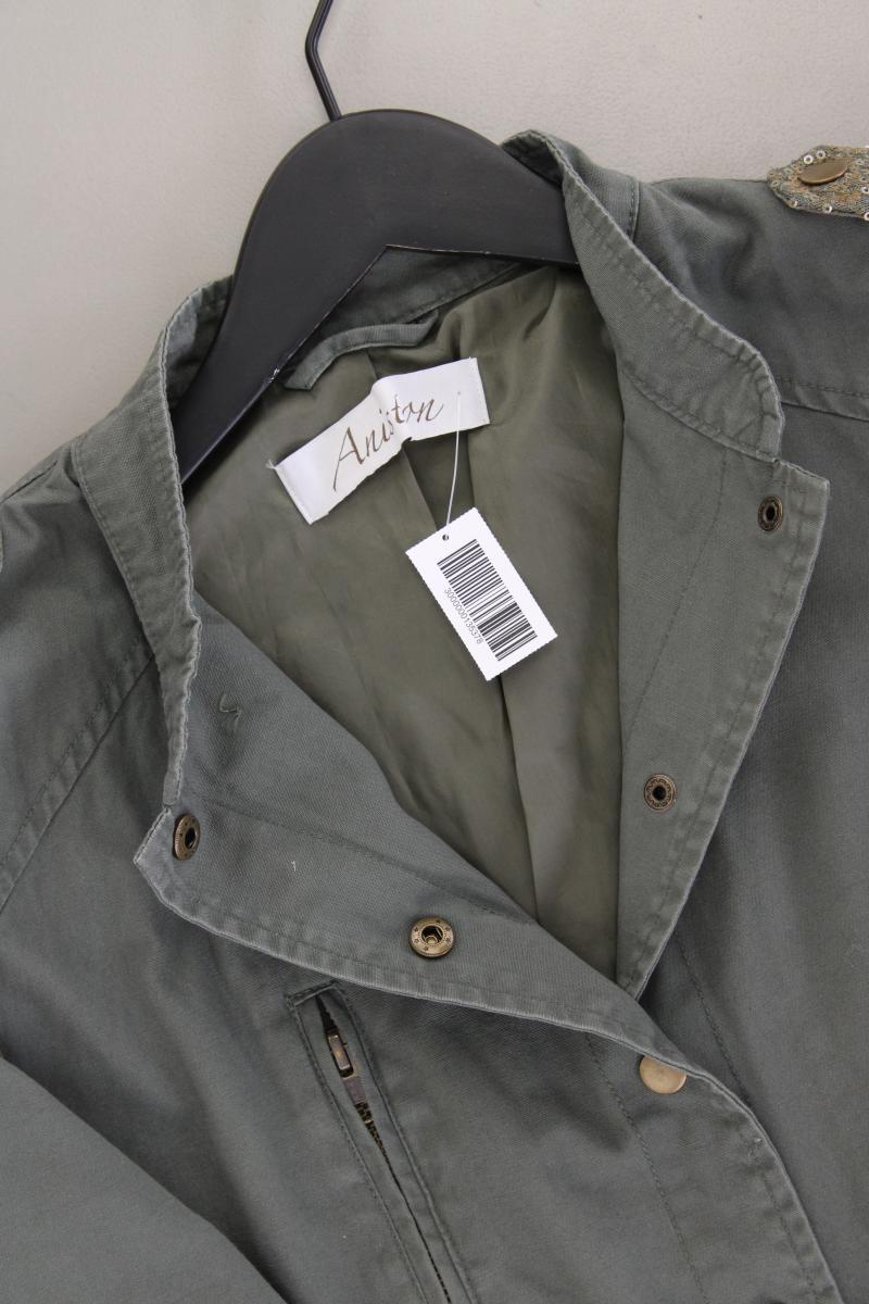 Aniston Übergangsjacke Gr. 38 neuwertig mit Pailletten olivgrün aus Baumwolle