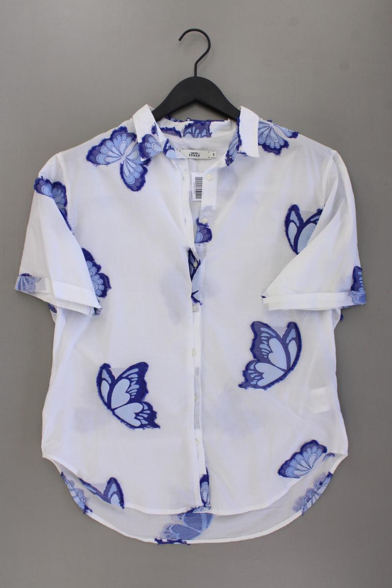 0039 Italy Bluse mit Schmetterlingen Gr. M neuwertig Kurzarm weiß aus Baumwolle