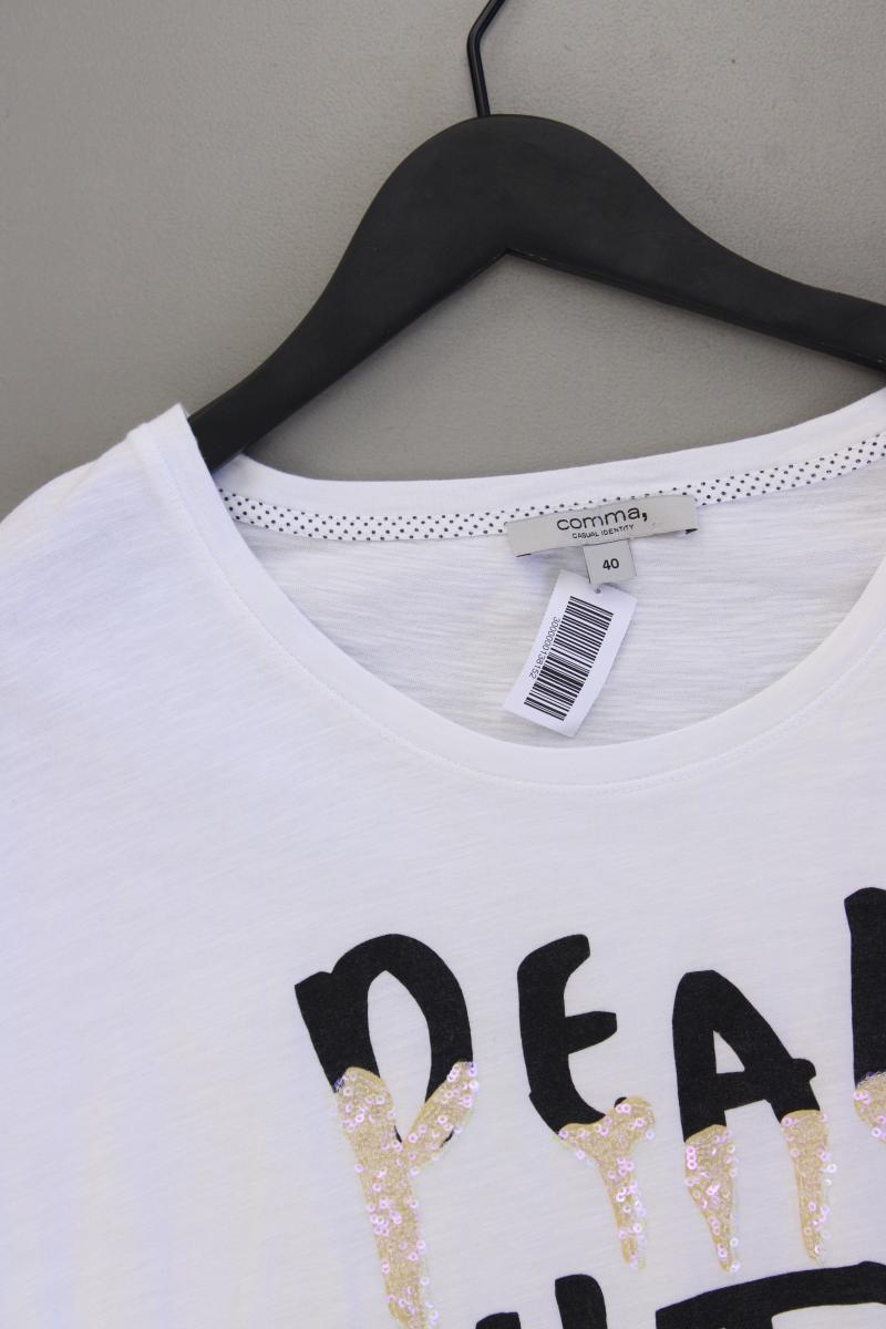 comma, T-Shirt Gr. 40 Kurzarm mit Pailletten weiß aus Baumwolle