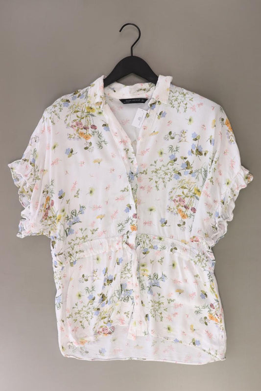 Zara Kurzarmbluse Gr. XS mit Blumenmuster weiß aus Viskose