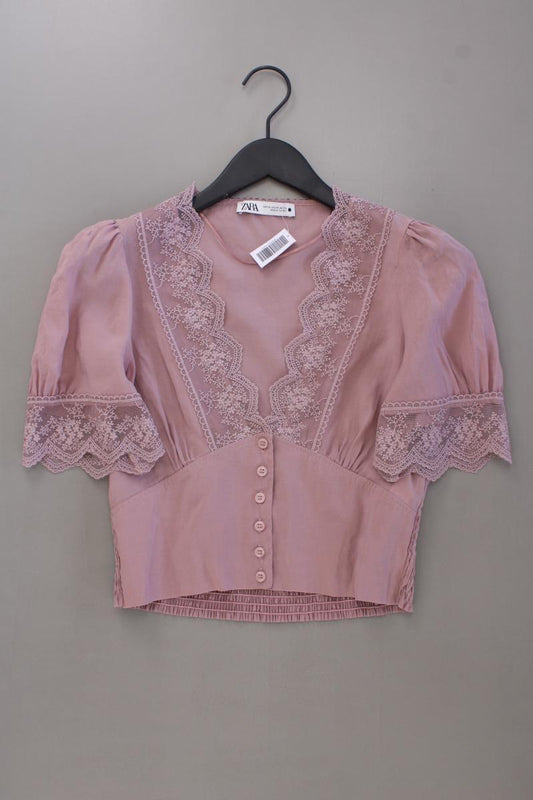 Zara Spitzenbluse Gr. XS Kurzarm rosa aus Lyocell