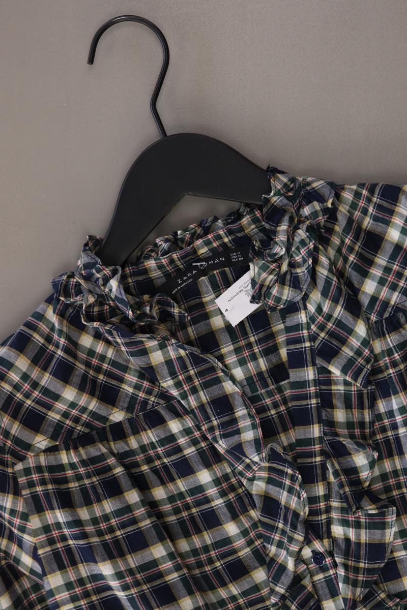Zara Rüschenbluse Gr. M kariert Langarm blau aus Baumwolle