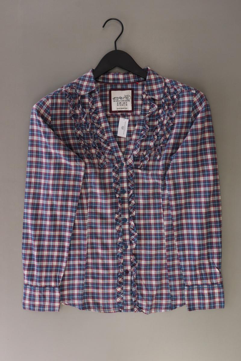 Esprit Rüschenbluse Gr. 38 kariert Langarm blau aus Baumwolle