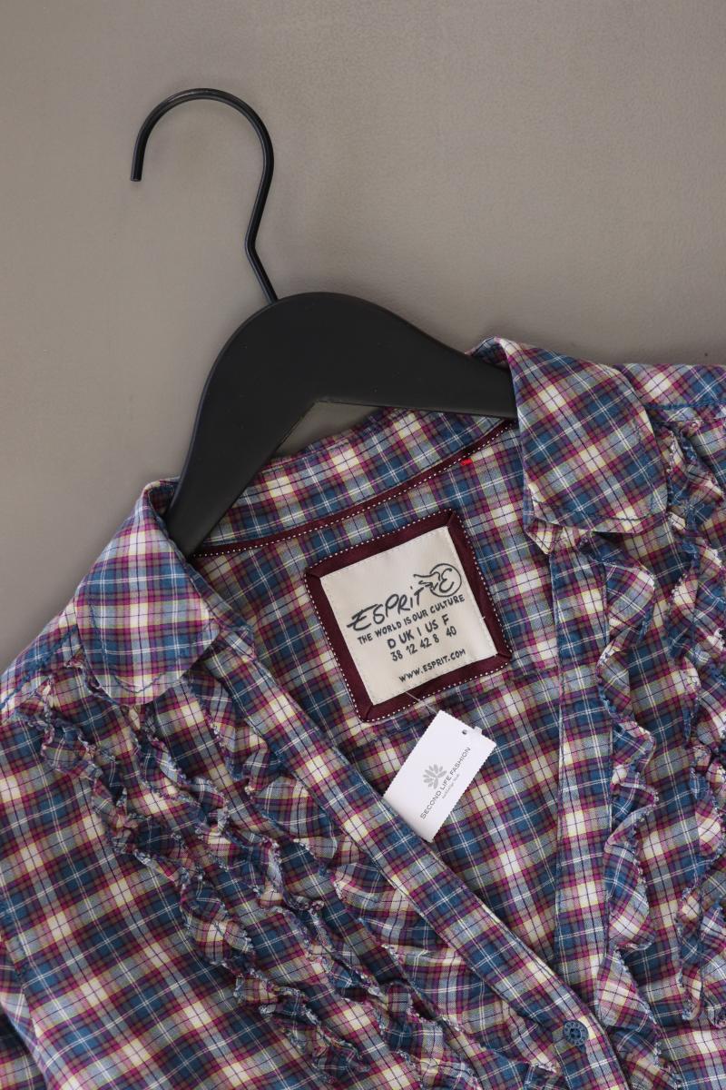 Esprit Rüschenbluse Gr. 38 kariert Langarm blau aus Baumwolle