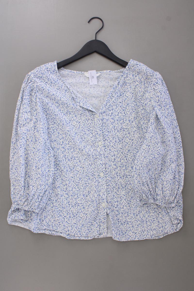 H&M Bluse mit Leinen Gr. 46 mit Blumenmuster 3/4 Ärmel blau