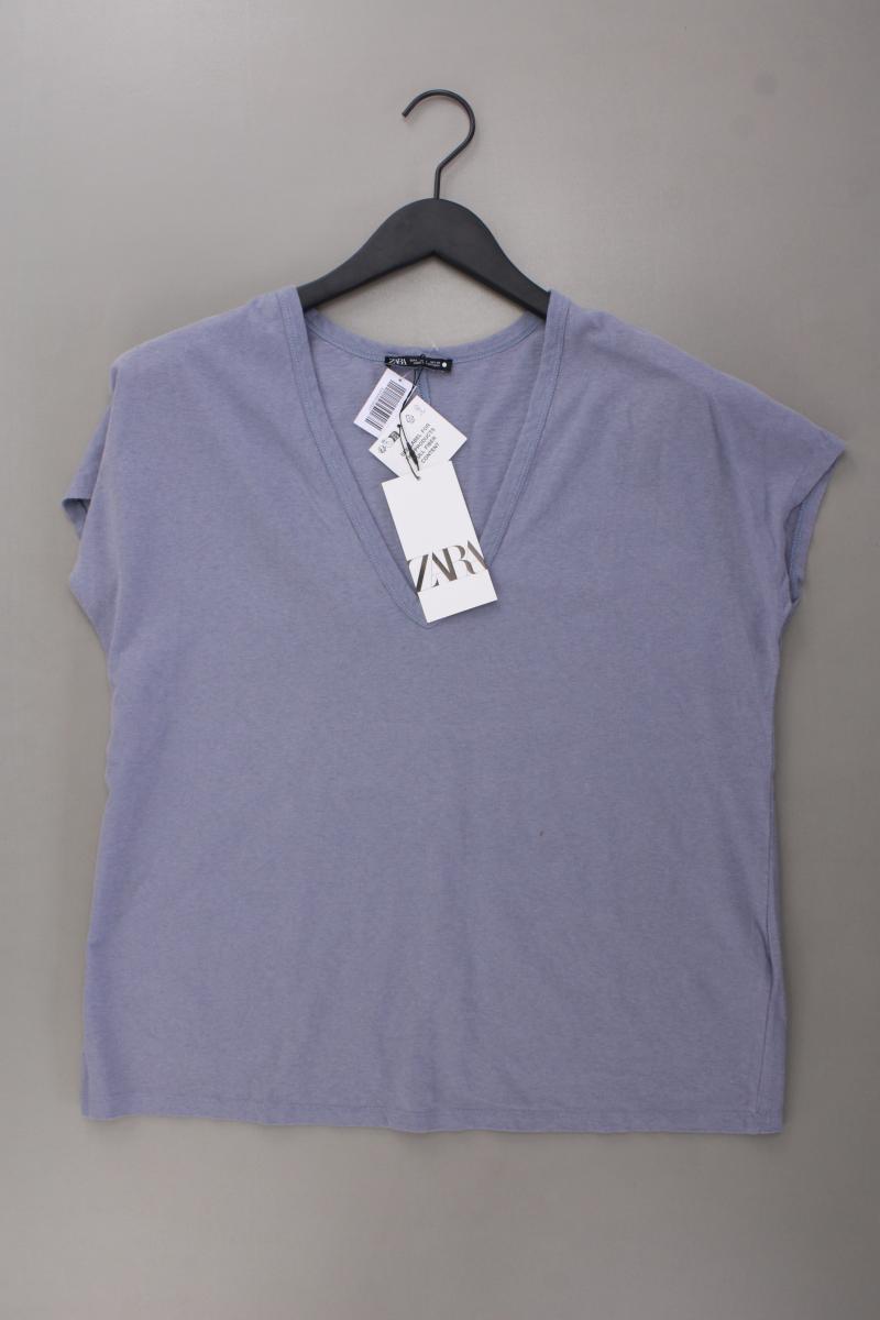 Zara Shirt mit V-Ausschnitt Gr. L neu mit Etikett Kurzarm blau aus Baumwolle