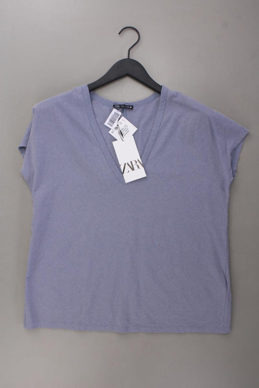 Zara Shirt mit V-Ausschnitt Gr. L neu mit Etikett Kurzarm blau aus Baumwolle