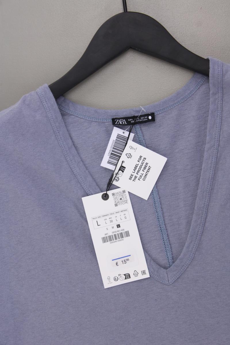 Zara Shirt mit V-Ausschnitt Gr. L neu mit Etikett Kurzarm blau aus Baumwolle