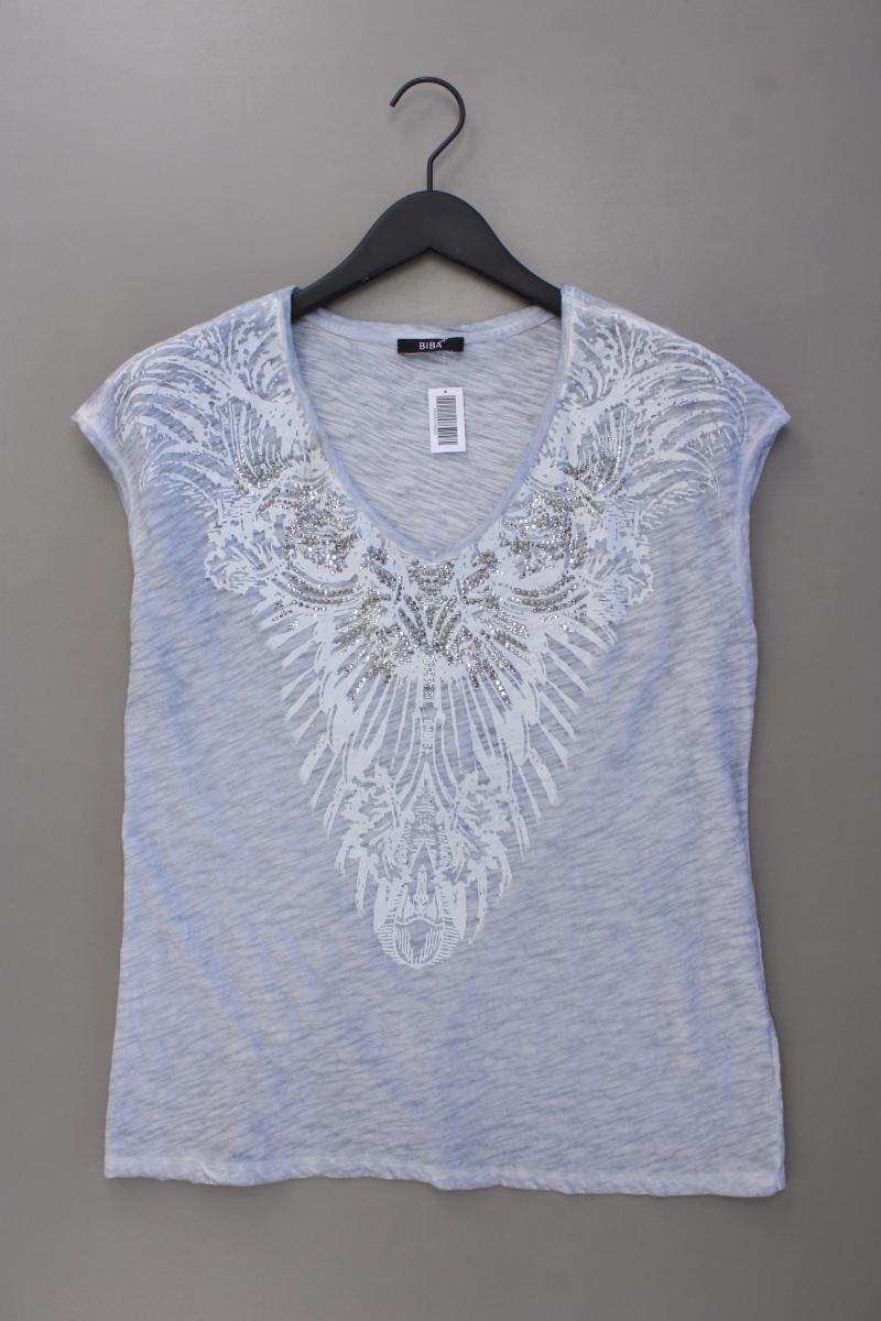 Biba Shirt mit V-Ausschnitt Gr. L Kurzarm mit Pailletten blau aus Baumwolle