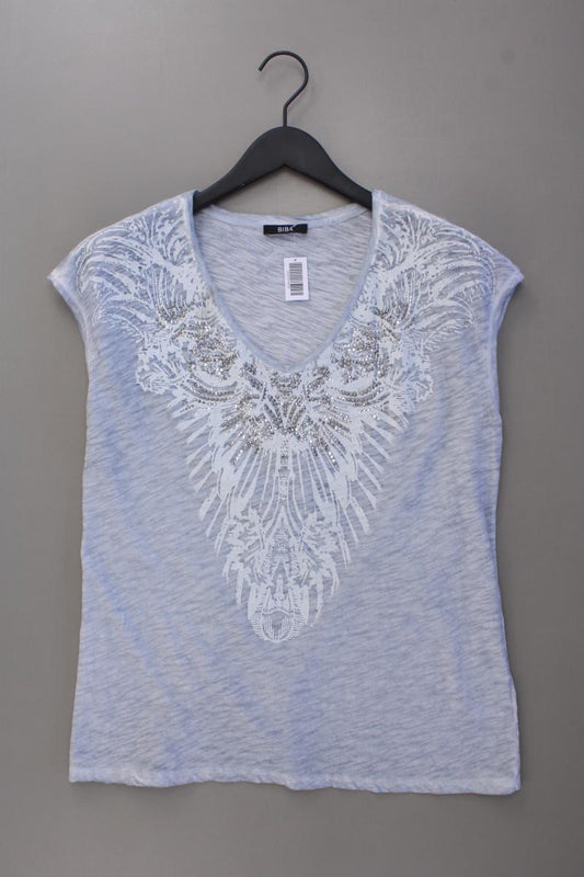 Biba Shirt mit V-Ausschnitt Gr. L Kurzarm mit Pailletten blau aus Baumwolle