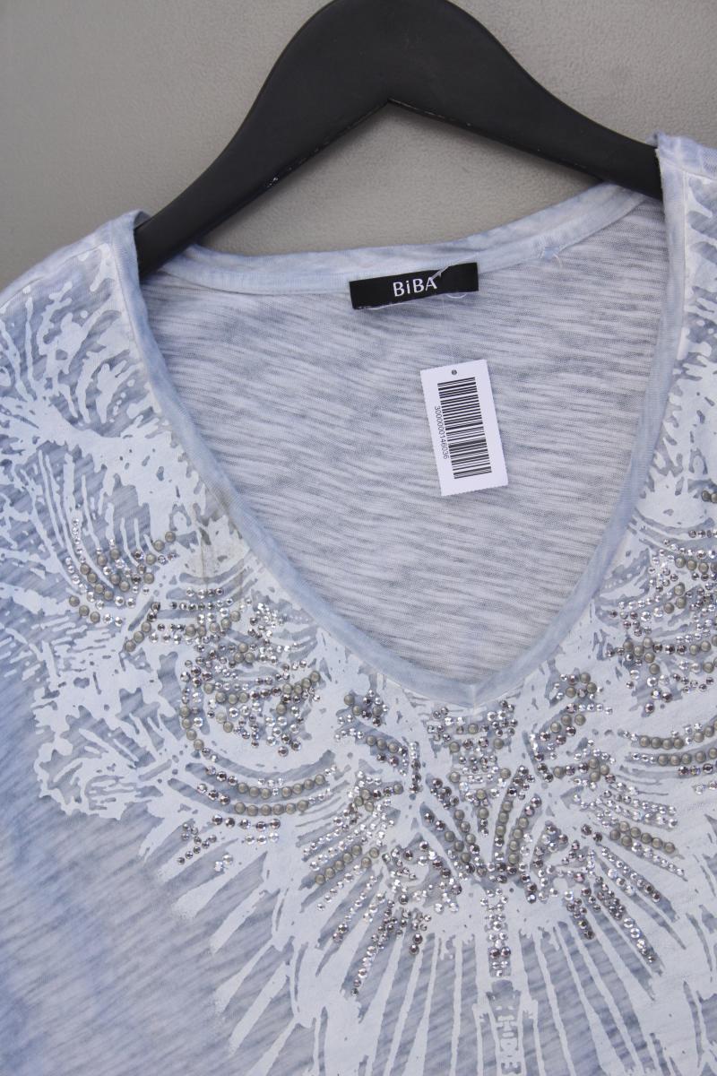 Biba Shirt mit V-Ausschnitt Gr. L Kurzarm mit Pailletten blau aus Baumwolle