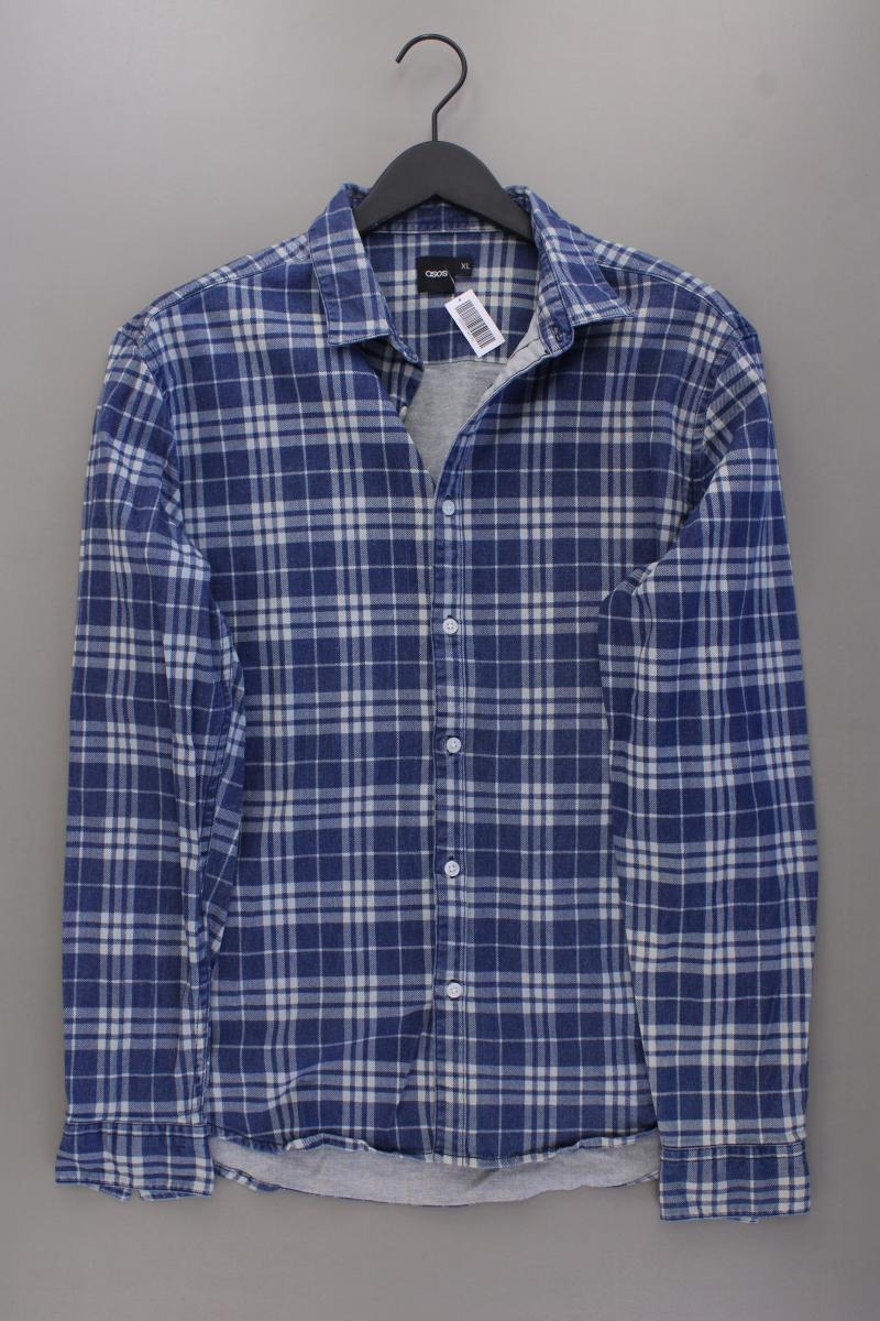 Asos Karohemd für Herren Gr. XL kariert Langarm blau aus Baumwolle